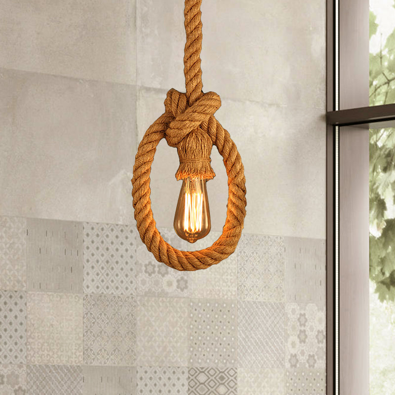 1 Head Natural Rope Pendant Lighting Lodge Beige Open Bulb Restaurant Adjustable Ceiling Light Fixture Clearhalo 'Ceiling Lights' 'Industrial Pendants' 'Industrial' 'Middle Century Pendants' 'Pendant Lights' 'Pendants' 'Tiffany' Lighting' 1420952