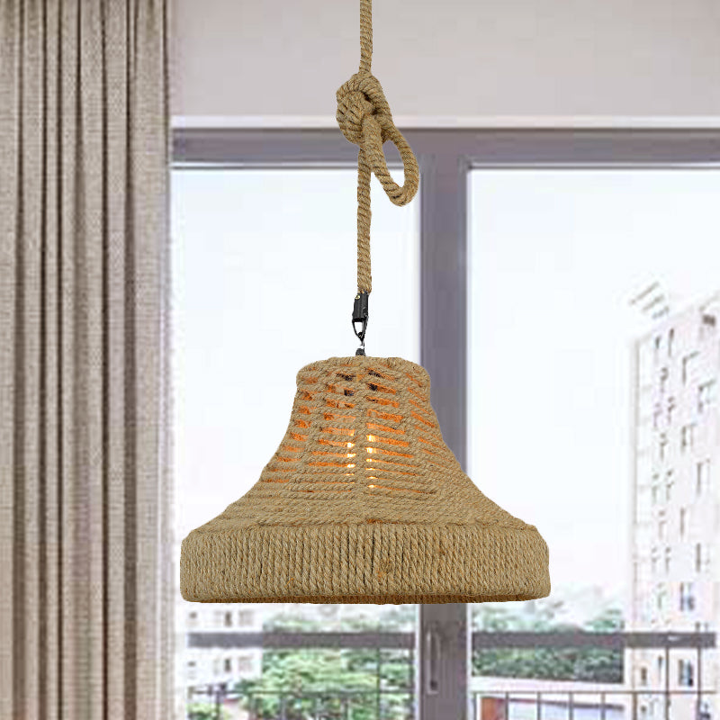 Rope Flared/Bowl Cage Shade Pendant Light Vintage Industrial 1 Head Restaurant Hanging Lamp in Beige Clearhalo 'Ceiling Lights' 'Industrial Pendants' 'Industrial' 'Middle Century Pendants' 'Pendant Lights' 'Pendants' 'Tiffany' Lighting' 1420961
