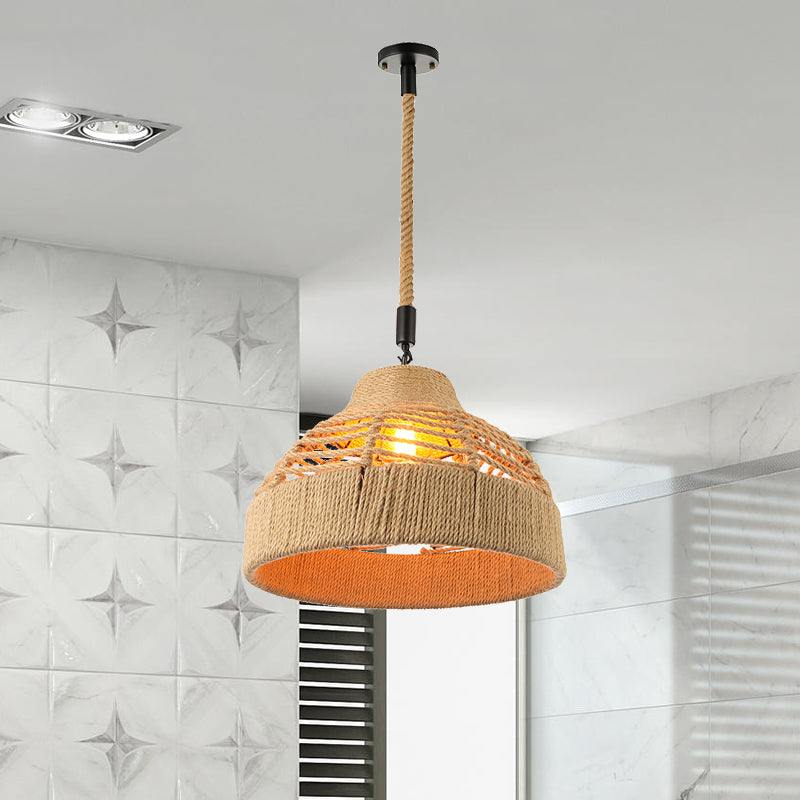 Rope Flared/Bowl Cage Shade Pendant Light Vintage Industrial 1 Head Restaurant Hanging Lamp in Beige Clearhalo 'Ceiling Lights' 'Industrial Pendants' 'Industrial' 'Middle Century Pendants' 'Pendant Lights' 'Pendants' 'Tiffany' Lighting' 1420963