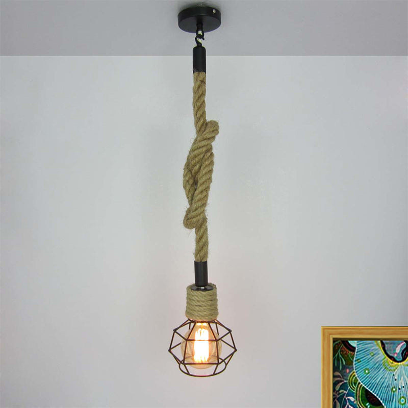 Metallic Black Pendant Lighting Global Cage Shade 1 Head Vintage Ceiling Fixture with Rope Cord Clearhalo 'Art Deco Pendants' 'Black' 'Cast Iron' 'Ceiling Lights' 'Ceramic' 'Crystal' 'Industrial Pendants' 'Industrial' 'Metal' 'Middle Century Pendants' 'Pendant Lights' 'Pendants' 'Rustic Pendants' 'Tiffany' Lighting' 1420966