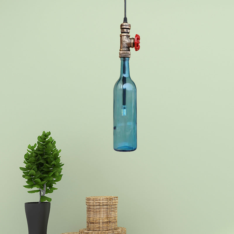Water Pipe Restaurant Ceiling Fixture with Bottle Shade and Valve Antique Glass 1 Light Blue/Amber Pendant Lighting Clearhalo 'Ceiling Lights' 'Glass shade' 'Glass' 'Industrial Pendants' 'Industrial' 'Middle Century Pendants' 'Pendant Lights' 'Pendants' 'Tiffany' Lighting' 1420970