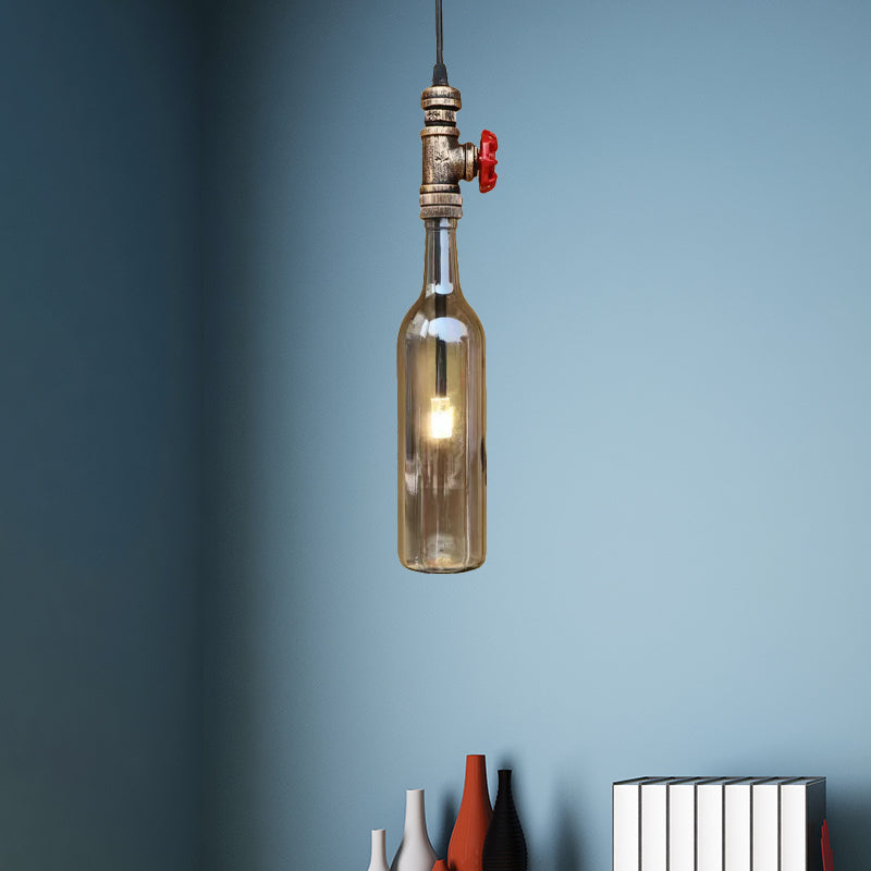 Water Pipe Restaurant Ceiling Fixture with Bottle Shade and Valve Antique Glass 1 Light Blue/Amber Pendant Lighting Clearhalo 'Ceiling Lights' 'Glass shade' 'Glass' 'Industrial Pendants' 'Industrial' 'Middle Century Pendants' 'Pendant Lights' 'Pendants' 'Tiffany' Lighting' 1420973