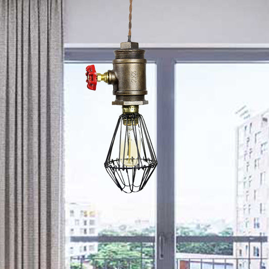 Industrial Wire Frame Pendant Lighting 1 Bulb Wrought Iron Ceiling Fixture with Red Valve in Bronze Clearhalo 'Art Deco Pendants' 'Cast Iron' 'Ceiling Lights' 'Ceramic' 'Crystal' 'Industrial Pendants' 'Industrial' 'Metal' 'Middle Century Pendants' 'Pendant Lights' 'Pendants' 'Tiffany' Lighting' 1420977