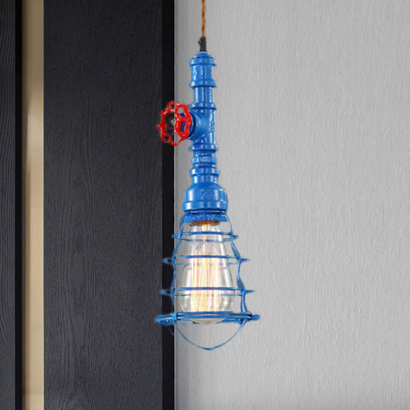 Metal Wire Cage Pendant Light Farmhouse Style 1 Light Indoor Hanging Fixture with Valve Design in Black/Red Finish Blue Clearhalo 'Art Deco Pendants' 'Black' 'Cast Iron' 'Ceiling Lights' 'Ceramic' 'Crystal' 'Industrial Pendants' 'Industrial' 'Metal' 'Middle Century Pendants' 'Pendant Lights' 'Pendants' 'Rustic Pendants' 'Tiffany' Lighting' 1420979