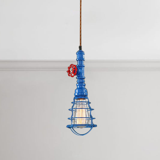 Metal Wire Cage Pendant Light Farmhouse Style 1 Light Indoor Hanging Fixture with Valve Design in Black/Red Finish Clearhalo 'Art Deco Pendants' 'Black' 'Cast Iron' 'Ceiling Lights' 'Ceramic' 'Crystal' 'Industrial Pendants' 'Industrial' 'Metal' 'Middle Century Pendants' 'Pendant Lights' 'Pendants' 'Rustic Pendants' 'Tiffany' Lighting' 1420980