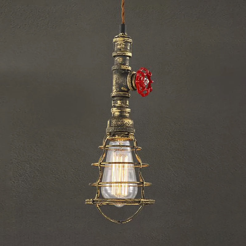 Metal Wire Cage Pendant Light Farmhouse Style 1 Light Indoor Hanging Fixture with Valve Design in Black/Red Finish Clearhalo 'Art Deco Pendants' 'Black' 'Cast Iron' 'Ceiling Lights' 'Ceramic' 'Crystal' 'Industrial Pendants' 'Industrial' 'Metal' 'Middle Century Pendants' 'Pendant Lights' 'Pendants' 'Rustic Pendants' 'Tiffany' Lighting' 1420981