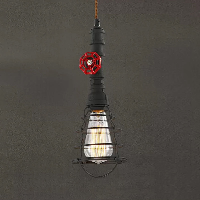 Metal Wire Cage Pendant Light Farmhouse Style 1 Light Indoor Hanging Fixture with Valve Design in Black/Red Finish Clearhalo 'Art Deco Pendants' 'Black' 'Cast Iron' 'Ceiling Lights' 'Ceramic' 'Crystal' 'Industrial Pendants' 'Industrial' 'Metal' 'Middle Century Pendants' 'Pendant Lights' 'Pendants' 'Rustic Pendants' 'Tiffany' Lighting' 1420982