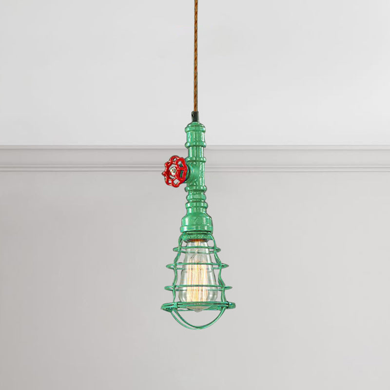 Metal Wire Cage Pendant Light Farmhouse Style 1 Light Indoor Hanging Fixture with Valve Design in Black/Red Finish Clearhalo 'Art Deco Pendants' 'Black' 'Cast Iron' 'Ceiling Lights' 'Ceramic' 'Crystal' 'Industrial Pendants' 'Industrial' 'Metal' 'Middle Century Pendants' 'Pendant Lights' 'Pendants' 'Rustic Pendants' 'Tiffany' Lighting' 1420983