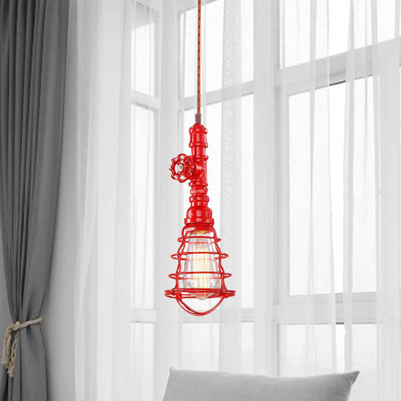 Metal Wire Cage Pendant Light Farmhouse Style 1 Light Indoor Hanging Fixture with Valve Design in Black/Red Finish Clearhalo 'Art Deco Pendants' 'Black' 'Cast Iron' 'Ceiling Lights' 'Ceramic' 'Crystal' 'Industrial Pendants' 'Industrial' 'Metal' 'Middle Century Pendants' 'Pendant Lights' 'Pendants' 'Rustic Pendants' 'Tiffany' Lighting' 1420984