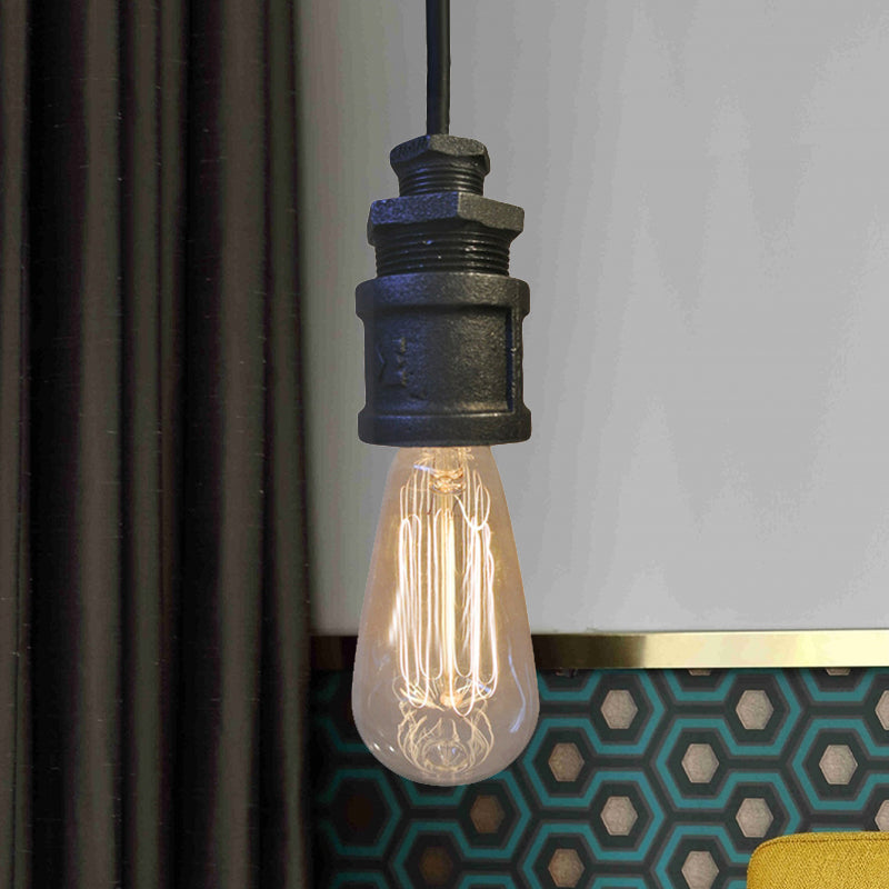Exposed Bulb Hallway Pendant Light Industrial Metallic 1 Light Black Ceiling Fixture with Water Pipe Clearhalo 'Art Deco Pendants' 'Black' 'Cast Iron' 'Ceiling Lights' 'Ceramic' 'Crystal' 'Industrial Pendants' 'Industrial' 'Metal' 'Middle Century Pendants' 'Pendant Lights' 'Pendants' 'Rustic Pendants' 'Tiffany' Lighting' 1420986