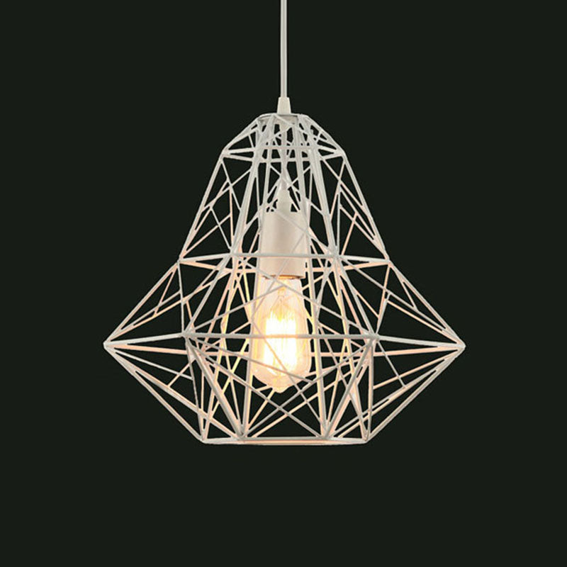Industrial Cage Diamond Pendant Lighting 1 Head Metallic Hanging Lamp in Black/White for Dining Room, 16"/19.5" Dia Clearhalo 'Art Deco Pendants' 'Black' 'Cast Iron' 'Ceiling Lights' 'Ceramic' 'Crystal' 'Industrial Pendants' 'Industrial' 'Metal' 'Middle Century Pendants' 'Pendant Lights' 'Pendants' 'Rustic Pendants' 'Tiffany' Lighting' 1420992