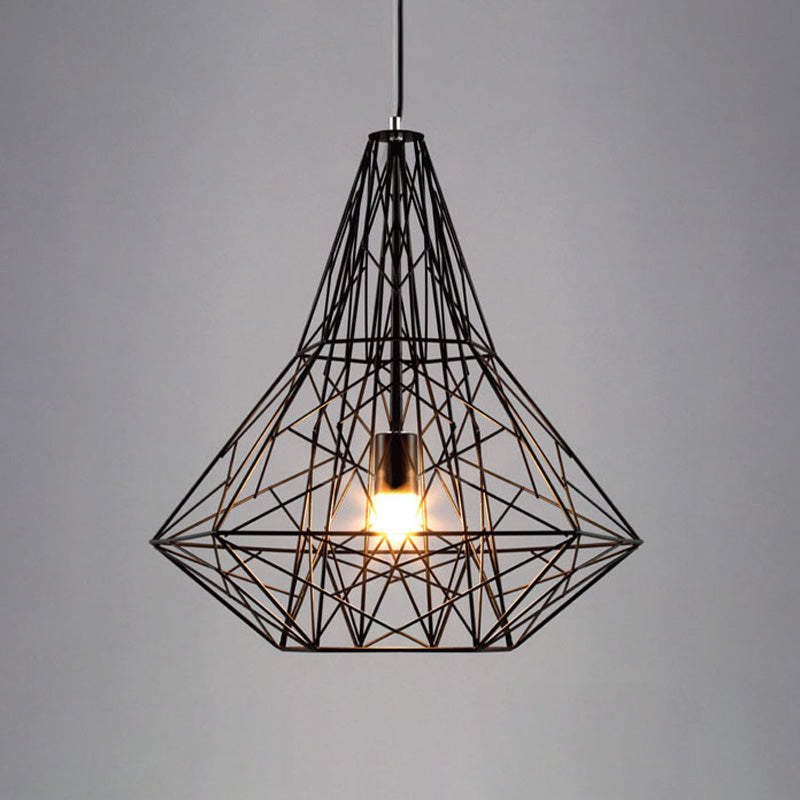 Industrial Cage Diamond Pendant Lighting 1 Head Metallic Hanging Lamp in Black/White for Dining Room, 16"/19.5" Dia Clearhalo 'Art Deco Pendants' 'Black' 'Cast Iron' 'Ceiling Lights' 'Ceramic' 'Crystal' 'Industrial Pendants' 'Industrial' 'Metal' 'Middle Century Pendants' 'Pendant Lights' 'Pendants' 'Rustic Pendants' 'Tiffany' Lighting' 1420993