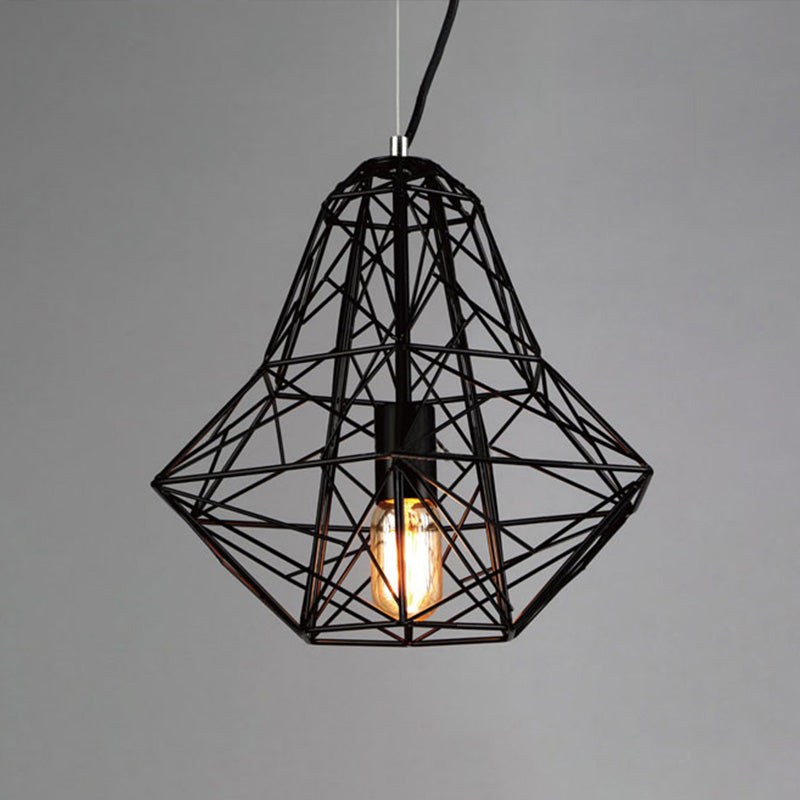 Industrial Cage Diamond Pendant Lighting 1 Head Metallic Hanging Lamp in Black/White for Dining Room, 16"/19.5" Dia Clearhalo 'Art Deco Pendants' 'Black' 'Cast Iron' 'Ceiling Lights' 'Ceramic' 'Crystal' 'Industrial Pendants' 'Industrial' 'Metal' 'Middle Century Pendants' 'Pendant Lights' 'Pendants' 'Rustic Pendants' 'Tiffany' Lighting' 1420994