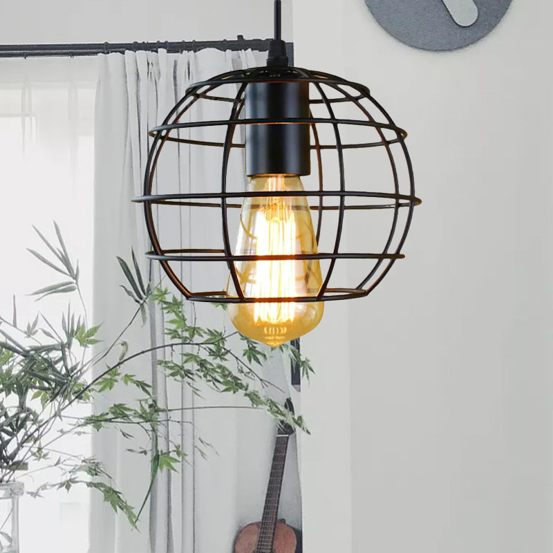 Metal Cage Pendant Light Farmhouse Style 6"/7" Wide 1 Head Balcony Ceiling Fixture with Globe Shade in Black Clearhalo 'Art Deco Pendants' 'Black' 'Cast Iron' 'Ceiling Lights' 'Ceramic' 'Crystal' 'Industrial Pendants' 'Industrial' 'Metal' 'Middle Century Pendants' 'Pendant Lights' 'Pendants' 'Rustic Pendants' 'Tiffany' Lighting' 1421003