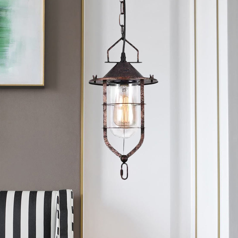 1 Light Cone Ceiling Pendant Light Vintage Black/Rust Clear Glass Hanging Lamp for Living Room with Cage Clearhalo 'Ceiling Lights' 'Glass shade' 'Glass' 'Industrial Pendants' 'Industrial' 'Middle Century Pendants' 'Pendant Lights' 'Pendants' 'Tiffany' Lighting' 1421023