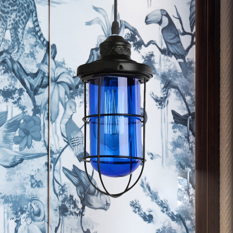 Black Single-Bulb Pendant Lighting Fixture Vintage Yellow/Green/Clear Glass Caged Hanging Ceiling Light for Living Room Clearhalo 'Ceiling Lights' 'Glass shade' 'Glass' 'Industrial Pendants' 'Industrial' 'Middle Century Pendants' 'Pendant Lights' 'Pendants' 'Tiffany' Lighting' 1421030