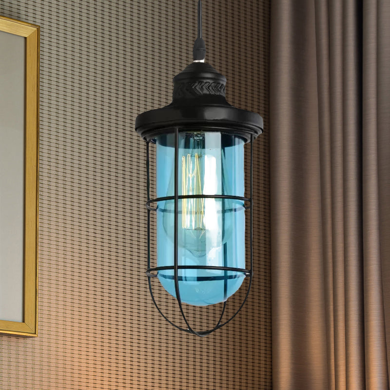 Black Single-Bulb Pendant Lighting Fixture Vintage Yellow/Green/Clear Glass Caged Hanging Ceiling Light for Living Room Clearhalo 'Ceiling Lights' 'Glass shade' 'Glass' 'Industrial Pendants' 'Industrial' 'Middle Century Pendants' 'Pendant Lights' 'Pendants' 'Tiffany' Lighting' 1421032