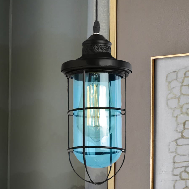 Black Single-Bulb Pendant Lighting Fixture Vintage Yellow/Green/Clear Glass Caged Hanging Ceiling Light for Living Room Clearhalo 'Ceiling Lights' 'Glass shade' 'Glass' 'Industrial Pendants' 'Industrial' 'Middle Century Pendants' 'Pendant Lights' 'Pendants' 'Tiffany' Lighting' 1421033