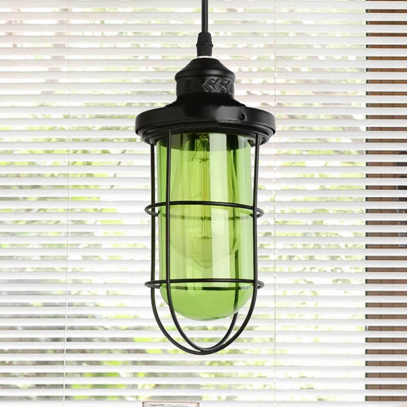 Black Single-Bulb Pendant Lighting Fixture Vintage Yellow/Green/Clear Glass Caged Hanging Ceiling Light for Living Room Clearhalo 'Ceiling Lights' 'Glass shade' 'Glass' 'Industrial Pendants' 'Industrial' 'Middle Century Pendants' 'Pendant Lights' 'Pendants' 'Tiffany' Lighting' 1421034