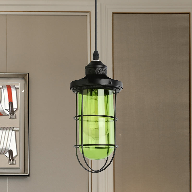 Black Single-Bulb Pendant Lighting Fixture Vintage Yellow/Green/Clear Glass Caged Hanging Ceiling Light for Living Room Clearhalo 'Ceiling Lights' 'Glass shade' 'Glass' 'Industrial Pendants' 'Industrial' 'Middle Century Pendants' 'Pendant Lights' 'Pendants' 'Tiffany' Lighting' 1421035