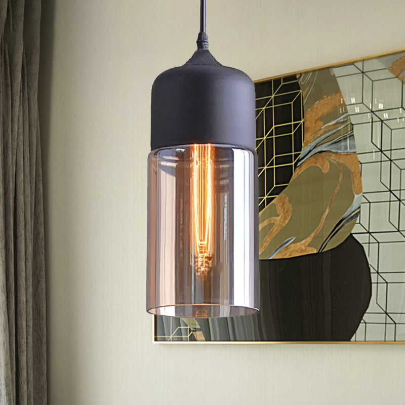 Cylinder Pendant Lighting Industrial 1 Light Brown Glass Hanging Ceiling Light in Black, 5"/7"/8" Wide Clearhalo 'Ceiling Lights' 'Glass shade' 'Glass' 'Industrial Pendants' 'Industrial' 'Middle Century Pendants' 'Pendant Lights' 'Pendants' 'Tiffany' Lighting' 1421044
