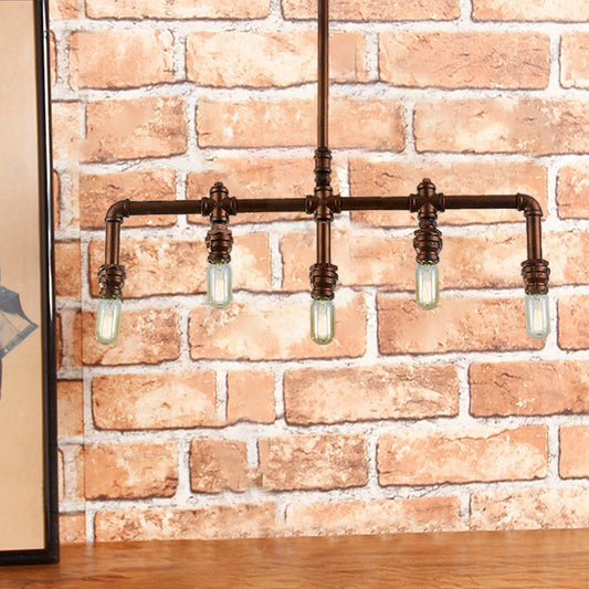 Iron Piping Island Hanging Light with Exposed Bulb Vintage 5 Lights Coffee Shop Ceiling Light Fixture in Bronze Bronze Clearhalo 'Ceiling Lights' 'Island Lights' Lighting' 142104