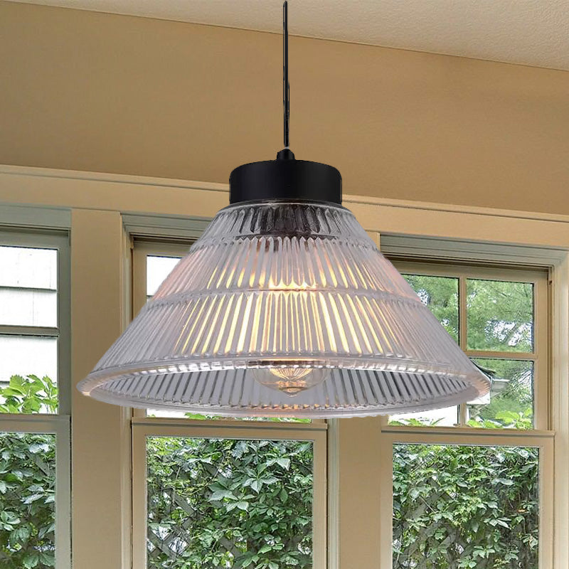 Black/Brass Cone Pendant Ceiling Light Farmhouse Ribbed Glass Single-Bulb Dining Room Hanging Lamp Clearhalo 'Ceiling Lights' 'Glass shade' 'Glass' 'Industrial Pendants' 'Industrial' 'Middle Century Pendants' 'Pendant Lights' 'Pendants' 'Tiffany' Lighting' 1421052