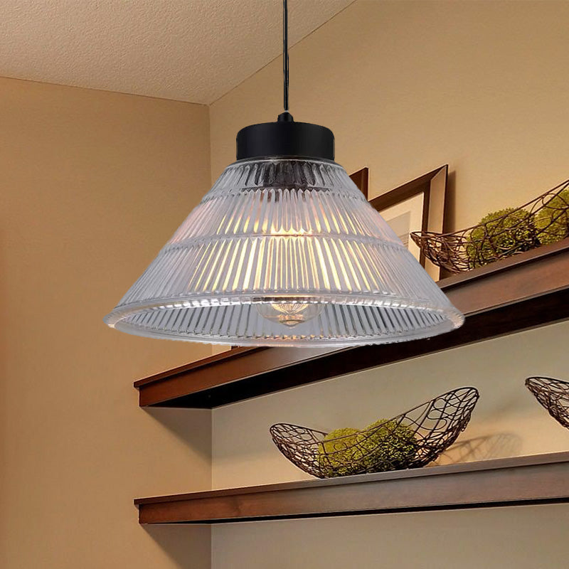Black/Brass Cone Pendant Ceiling Light Farmhouse Ribbed Glass Single-Bulb Dining Room Hanging Lamp Clearhalo 'Ceiling Lights' 'Glass shade' 'Glass' 'Industrial Pendants' 'Industrial' 'Middle Century Pendants' 'Pendant Lights' 'Pendants' 'Tiffany' Lighting' 1421053