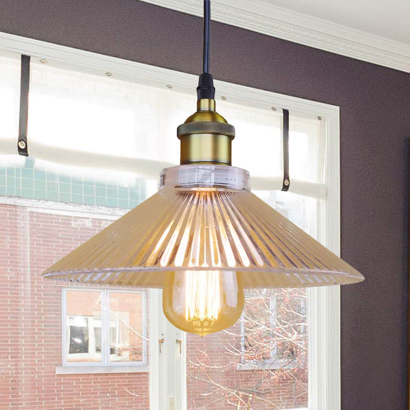 Single Light Hanging Ceiling Light with Cone Shade Ribbed Glass Industrial Dining Room Pendant Lighting in Black/Clear Clearhalo 'Ceiling Lights' 'Glass shade' 'Glass' 'Industrial Pendants' 'Industrial' 'Middle Century Pendants' 'Pendant Lights' 'Pendants' 'Tiffany' Lighting' 1421054