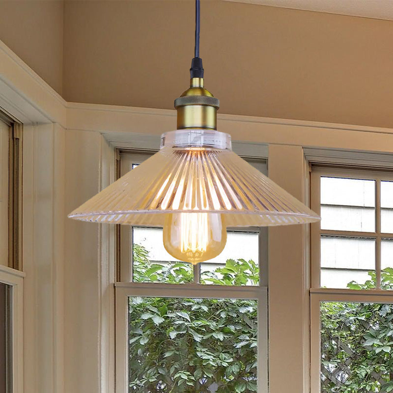 Single Light Hanging Ceiling Light with Cone Shade Ribbed Glass Industrial Dining Room Pendant Lighting in Black/Clear Clearhalo 'Ceiling Lights' 'Glass shade' 'Glass' 'Industrial Pendants' 'Industrial' 'Middle Century Pendants' 'Pendant Lights' 'Pendants' 'Tiffany' Lighting' 1421055