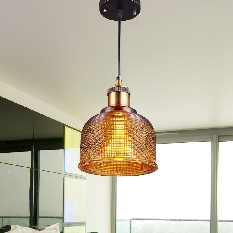 Single Light Dome Pendant Lighting Fixture Industrial Brass Prismatic Glass Hanging Ceiling Light in Red/Bronze/Blue Clearhalo 'Ceiling Lights' 'Glass shade' 'Glass' 'Industrial Pendants' 'Industrial' 'Middle Century Pendants' 'Pendant Lights' 'Pendants' 'Tiffany' Lighting' 1421068