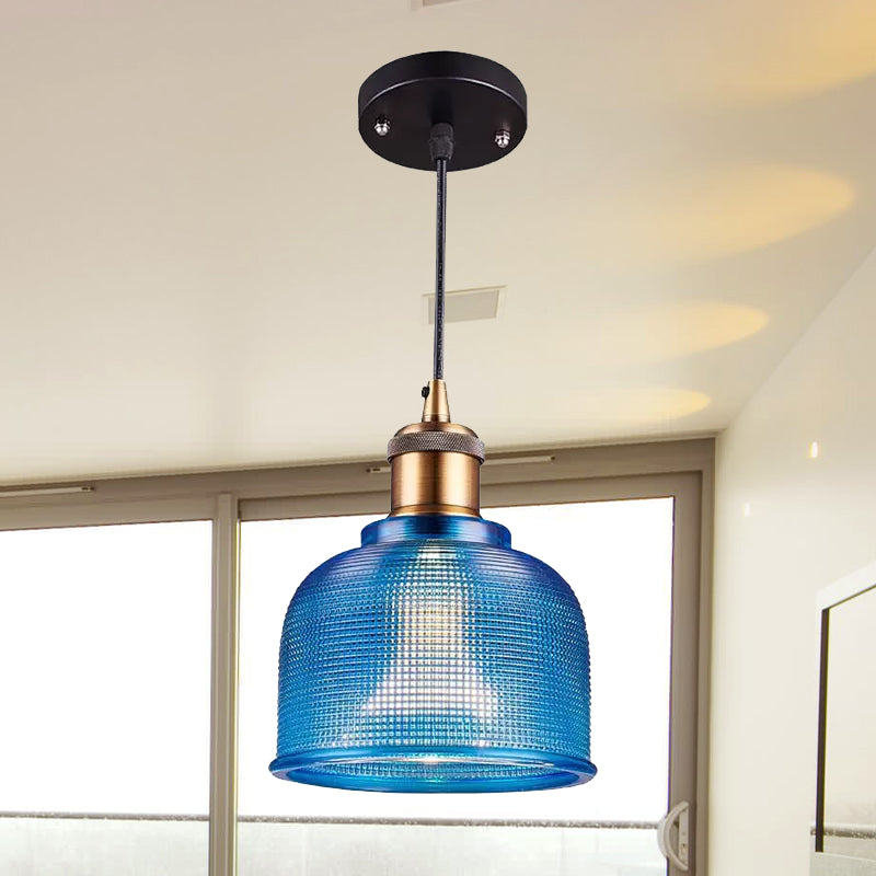 Single Light Dome Pendant Lighting Fixture Industrial Brass Prismatic Glass Hanging Ceiling Light in Red/Bronze/Blue Clearhalo 'Ceiling Lights' 'Glass shade' 'Glass' 'Industrial Pendants' 'Industrial' 'Middle Century Pendants' 'Pendant Lights' 'Pendants' 'Tiffany' Lighting' 1421069