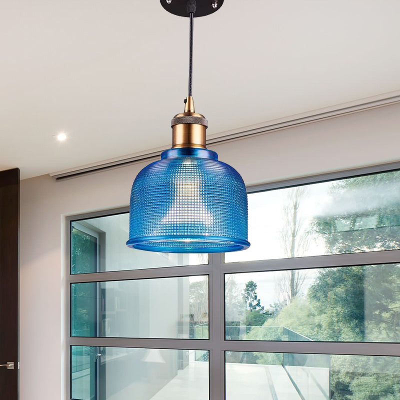 Single Light Dome Pendant Lighting Fixture Industrial Brass Prismatic Glass Hanging Ceiling Light in Red/Bronze/Blue Clearhalo 'Ceiling Lights' 'Glass shade' 'Glass' 'Industrial Pendants' 'Industrial' 'Middle Century Pendants' 'Pendant Lights' 'Pendants' 'Tiffany' Lighting' 1421070