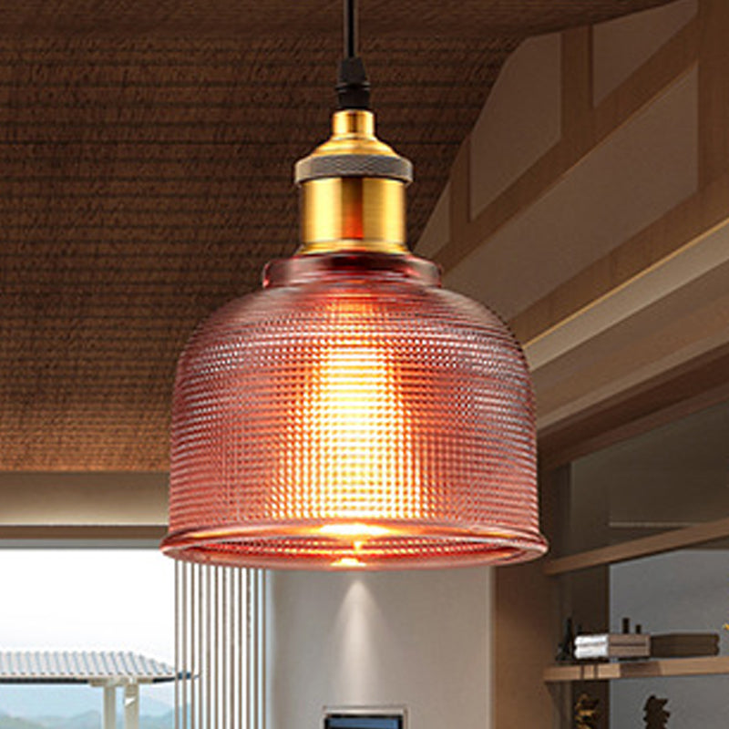 Single Light Dome Pendant Lighting Fixture Industrial Brass Prismatic Glass Hanging Ceiling Light in Red/Bronze/Blue Clearhalo 'Ceiling Lights' 'Glass shade' 'Glass' 'Industrial Pendants' 'Industrial' 'Middle Century Pendants' 'Pendant Lights' 'Pendants' 'Tiffany' Lighting' 1421072