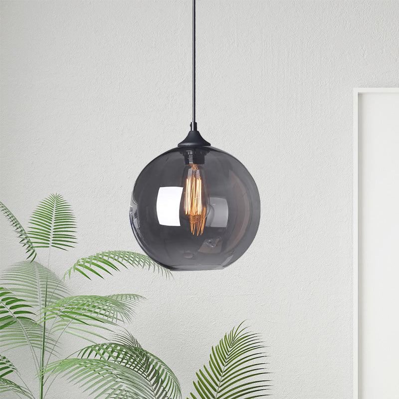 8"/10"/12" Wide Globe Pendant Light Industrial 1 Light Grey/Clear Glass Hanging Lamp in Black Clearhalo 'Ceiling Lights' 'Glass shade' 'Glass' 'Industrial Pendants' 'Industrial' 'Middle Century Pendants' 'Pendant Lights' 'Pendants' 'Tiffany' Lighting' 1421078