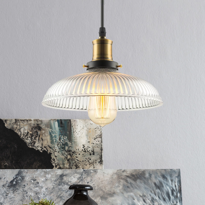 1-Light Ceiling Pendant Light Industrial Dome-Shaped Ribbed Glass Hanging Lamp for Coffee Shop in Brass Clearhalo 'Ceiling Lights' 'Glass shade' 'Glass' 'Industrial Pendants' 'Industrial' 'Middle Century Pendants' 'Pendant Lights' 'Pendants' 'Tiffany' Lighting' 1421084