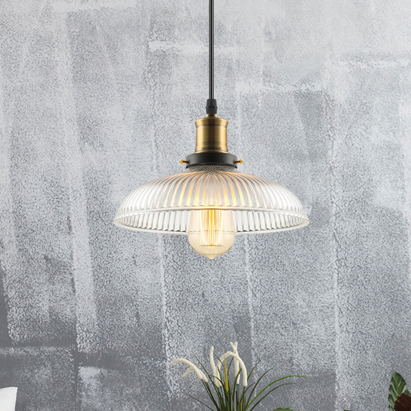 1-Light Ceiling Pendant Light Industrial Dome-Shaped Ribbed Glass Hanging Lamp for Coffee Shop in Brass Clearhalo 'Ceiling Lights' 'Glass shade' 'Glass' 'Industrial Pendants' 'Industrial' 'Middle Century Pendants' 'Pendant Lights' 'Pendants' 'Tiffany' Lighting' 1421085