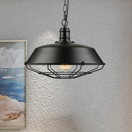 1 Bulb Wire Cage Ceiling Pendant with Barn Shade Metal Industrial Dining Table Hanging Fixture in Black Clearhalo 'Art Deco Pendants' 'Black' 'Cast Iron' 'Ceiling Lights' 'Ceramic' 'Crystal' 'Industrial Pendants' 'Industrial' 'Metal' 'Middle Century Pendants' 'Pendant Lights' 'Pendants' 'Rustic Pendants' 'Tiffany' Lighting' 1421096