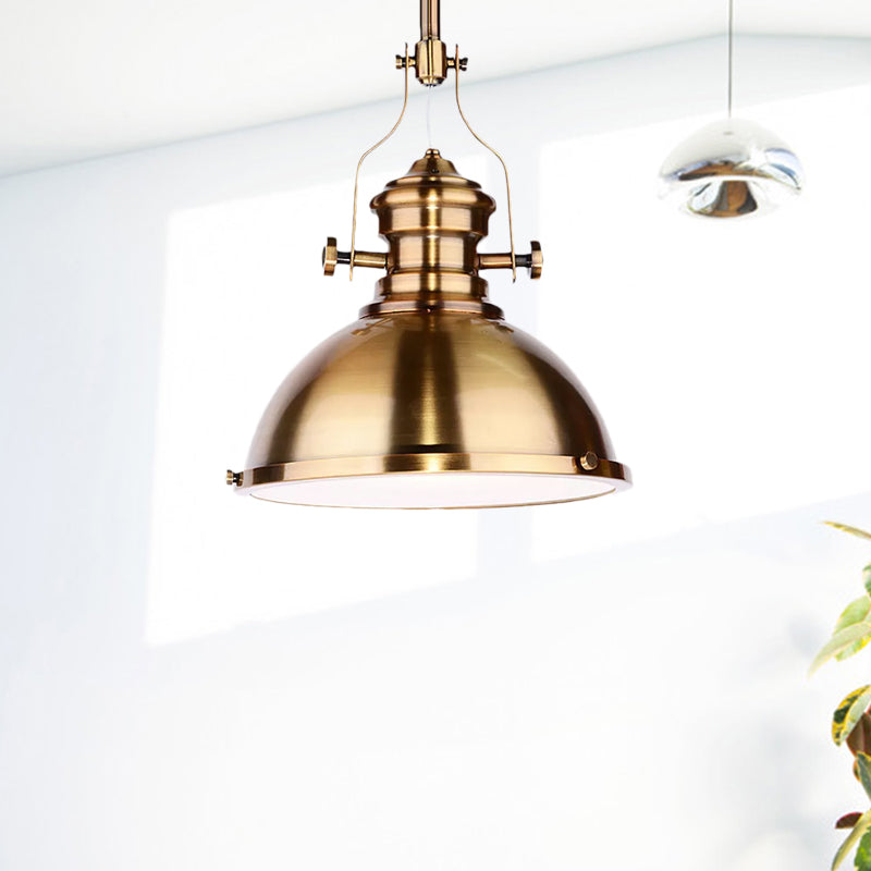 Metal Dome Shade Pendant Light Antique Style 1 Light Hanging Lamp with Frosted Diffuser in Antique Brass Clearhalo 'Art Deco Pendants' 'Cast Iron' 'Ceiling Lights' 'Ceramic' 'Crystal' 'Industrial Pendants' 'Industrial' 'Metal' 'Middle Century Pendants' 'Pendant Lights' 'Pendants' 'Tiffany' Lighting' 1421111