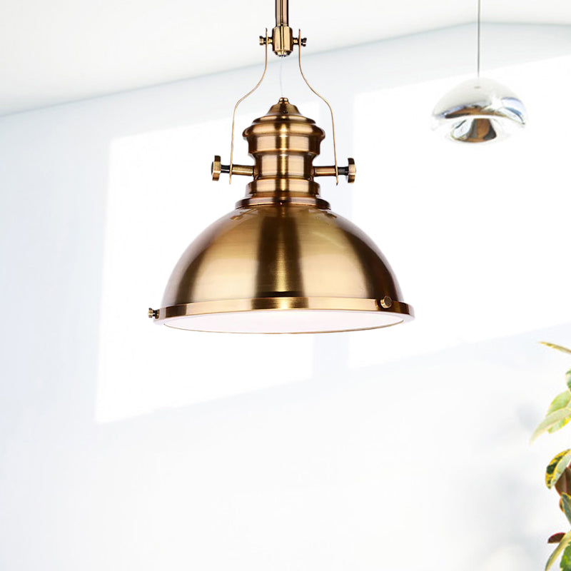 Metal Dome Shade Pendant Light Antique Style 1 Light Hanging Lamp with Frosted Diffuser in Antique Brass Clearhalo 'Art Deco Pendants' 'Cast Iron' 'Ceiling Lights' 'Ceramic' 'Crystal' 'Industrial Pendants' 'Industrial' 'Metal' 'Middle Century Pendants' 'Pendant Lights' 'Pendants' 'Tiffany' Lighting' 1421111