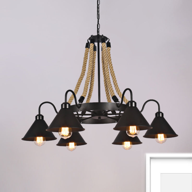 Metallic Cone Chandelier Lamp Farmhouse 6/8 Lights Restaurant Pendant Lighting with Rope Detail in Black Clearhalo 'Ceiling Lights' 'Chandeliers' 'Industrial Chandeliers' 'Industrial' 'Middle Century Chandeliers' 'Tiffany' Lighting' 1421126