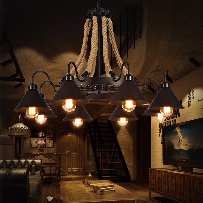 Metallic Cone Chandelier Lamp Farmhouse 6/8 Lights Restaurant Pendant Lighting with Rope Detail in Black Clearhalo 'Ceiling Lights' 'Chandeliers' 'Industrial Chandeliers' 'Industrial' 'Middle Century Chandeliers' 'Tiffany' Lighting' 1421127
