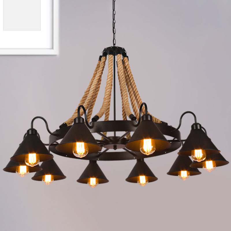 Metallic Cone Chandelier Lamp Farmhouse 6/8 Lights Restaurant Pendant Lighting with Rope Detail in Black Clearhalo 'Ceiling Lights' 'Chandeliers' 'Industrial Chandeliers' 'Industrial' 'Middle Century Chandeliers' 'Tiffany' Lighting' 1421128