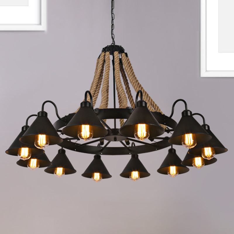 Metallic Cone Chandelier Lamp Farmhouse 6/8 Lights Restaurant Pendant Lighting with Rope Detail in Black Clearhalo 'Ceiling Lights' 'Chandeliers' 'Industrial Chandeliers' 'Industrial' 'Middle Century Chandeliers' 'Tiffany' Lighting' 1421129