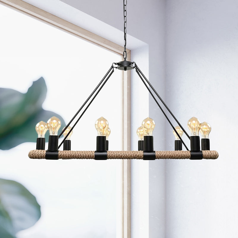 10/16 Bulbs Chandelier Lighting Loft Style Rectangular Frame Metal Pendant Lighting with Rope Detail in Black Clearhalo 'Ceiling Lights' 'Island Lights' Lighting' 1421133
