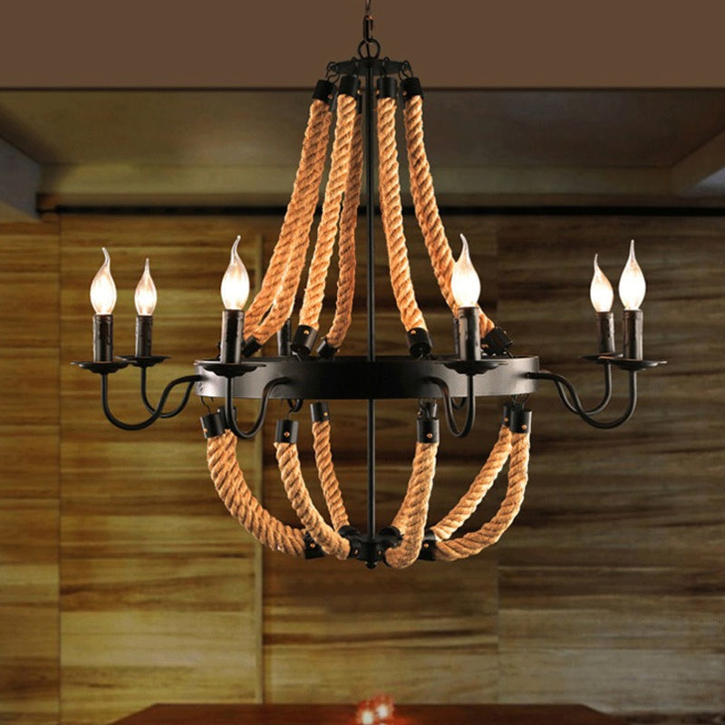 Metal Empire Chandelier Lamp Lodge Style 6/8 Lights Living Room Pendant Lighting with Rope Detail in Black Clearhalo 'Ceiling Lights' 'Chandeliers' 'Industrial Chandeliers' 'Industrial' 'Middle Century Chandeliers' 'Tiffany' Lighting' 1421136