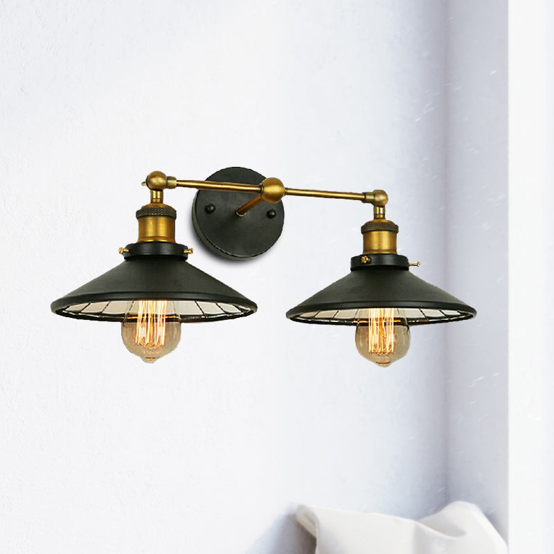 2/3 Bulbs Cone Shade Wall Mount Light Vintage Style Black Metal Sconce Lighting for Restaurant Clearhalo 'Art deco wall lights' 'Cast Iron' 'Glass' 'Industrial wall lights' 'Industrial' 'Middle century wall lights' 'Modern' 'Rustic wall lights' 'Tiffany' 'Traditional wall lights' 'Wall Lamps & Sconces' 'Wall Lights' Lighting' 1421163