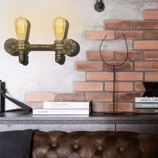 Aged Brass 2 Lights Wall Sconce Light Rustic Industrial Wrought Iron Exposed Wall Mount Light Antique Brass Clearhalo 'Art deco wall lights' 'Cast Iron' 'Glass' 'Industrial wall lights' 'Industrial' 'Middle century wall lights' 'Modern' 'Rustic wall lights' 'Tiffany' 'Traditional wall lights' 'Wall Lamps & Sconces' 'Wall Lights' Lighting' 142116