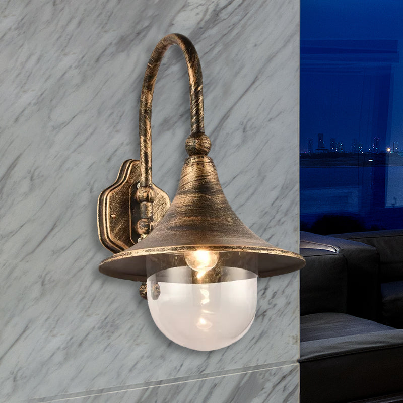 Flared Shade Metal Wall Lamp Industrial 1 Light Balcony Wall Mount Light with Clear Glass Shade in Black/Rust Finish Clearhalo 'Art deco wall lights' 'Cast Iron' 'Glass' 'Industrial wall lights' 'Industrial' 'Middle century wall lights' 'Modern' 'Rustic wall lights' 'Tiffany' 'Traditional wall lights' 'Wall Lamps & Sconces' 'Wall Lights' Lighting' 1421171