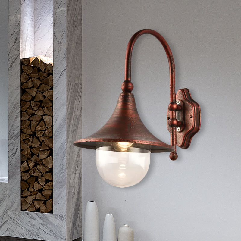 Flared Shade Metal Wall Lamp Industrial 1 Light Balcony Wall Mount Light with Clear Glass Shade in Black/Rust Finish Clearhalo 'Art deco wall lights' 'Cast Iron' 'Glass' 'Industrial wall lights' 'Industrial' 'Middle century wall lights' 'Modern' 'Rustic wall lights' 'Tiffany' 'Traditional wall lights' 'Wall Lamps & Sconces' 'Wall Lights' Lighting' 1421172